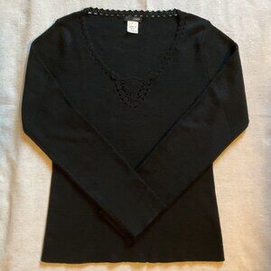 NWOT J Crew Women’s Merino Wool Crocheted Design Scoop Neck Sweater, Black, Sz M